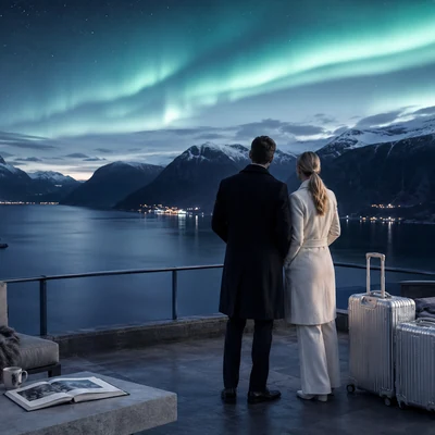 Mørk norsk fjord med mintfarget nordlys og premium reisestemning